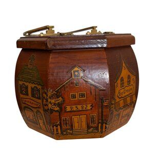 Folk Art Village Decoupaged Wooden Box Signed Barbara Border 1972 Purse Octagon